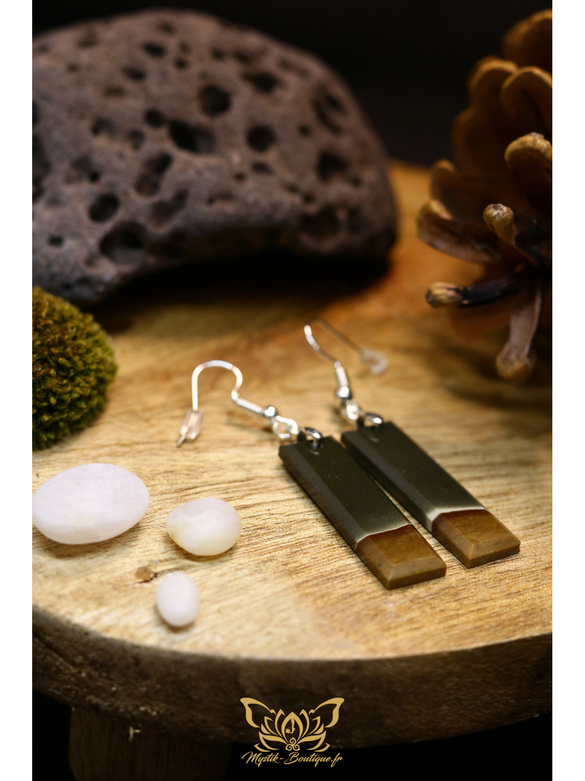 Boucles d'oreilles artisanales en jaspe polychrome - Accroches en cuivre plaqué argent 925