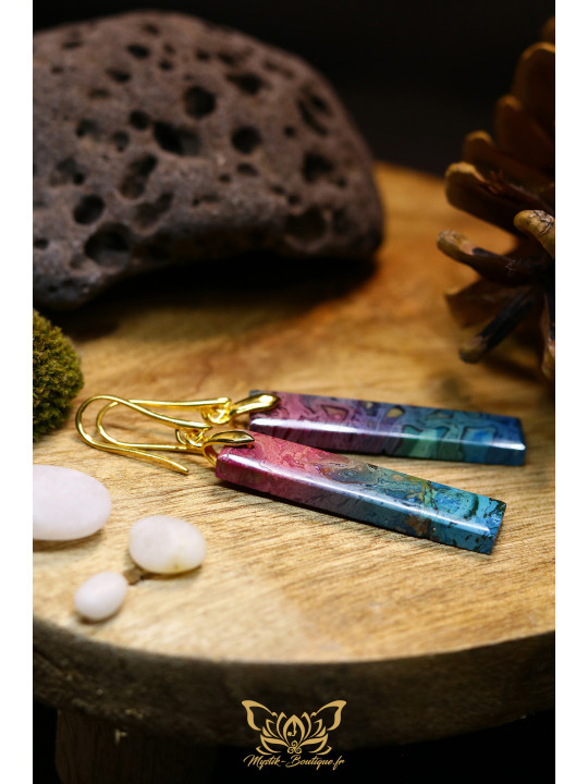 Boucles d'oreilles artisanales en racine de palmier fossilisée teintée - Accroches en laiton plaqué or 18K