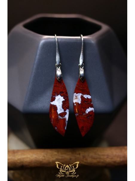 Boucles d'oreilles artisanales agate mousse rouge - Accroches en laiton plaqué platine