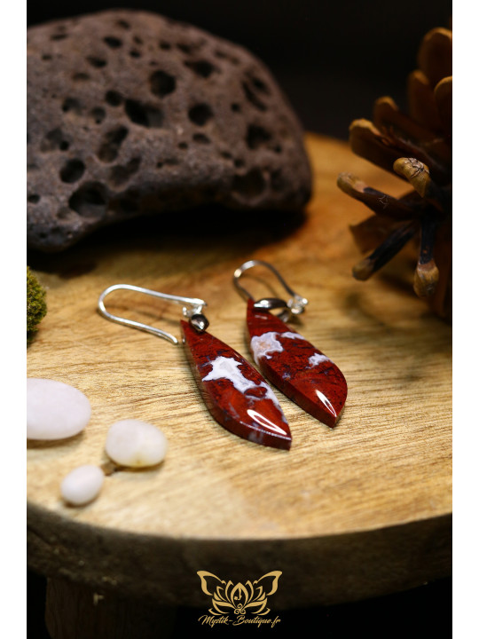 Boucles d'oreilles artisanales agate mousse rouge - Accroches en laiton plaqué platine