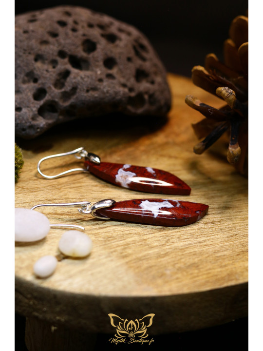 Boucles d'oreilles artisanales agate mousse rouge - Accroches en laiton plaqué platine