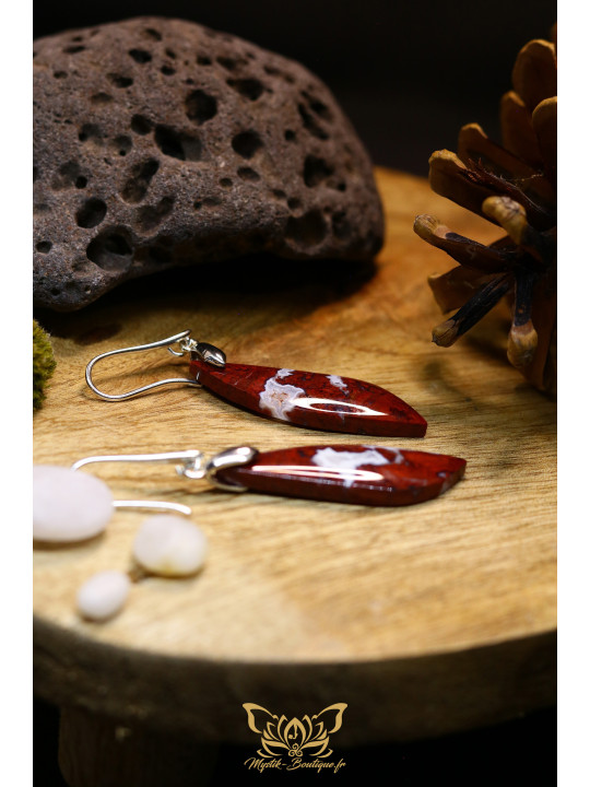Boucles d'oreilles artisanales agate mousse rouge - Accroches en laiton plaqué platine