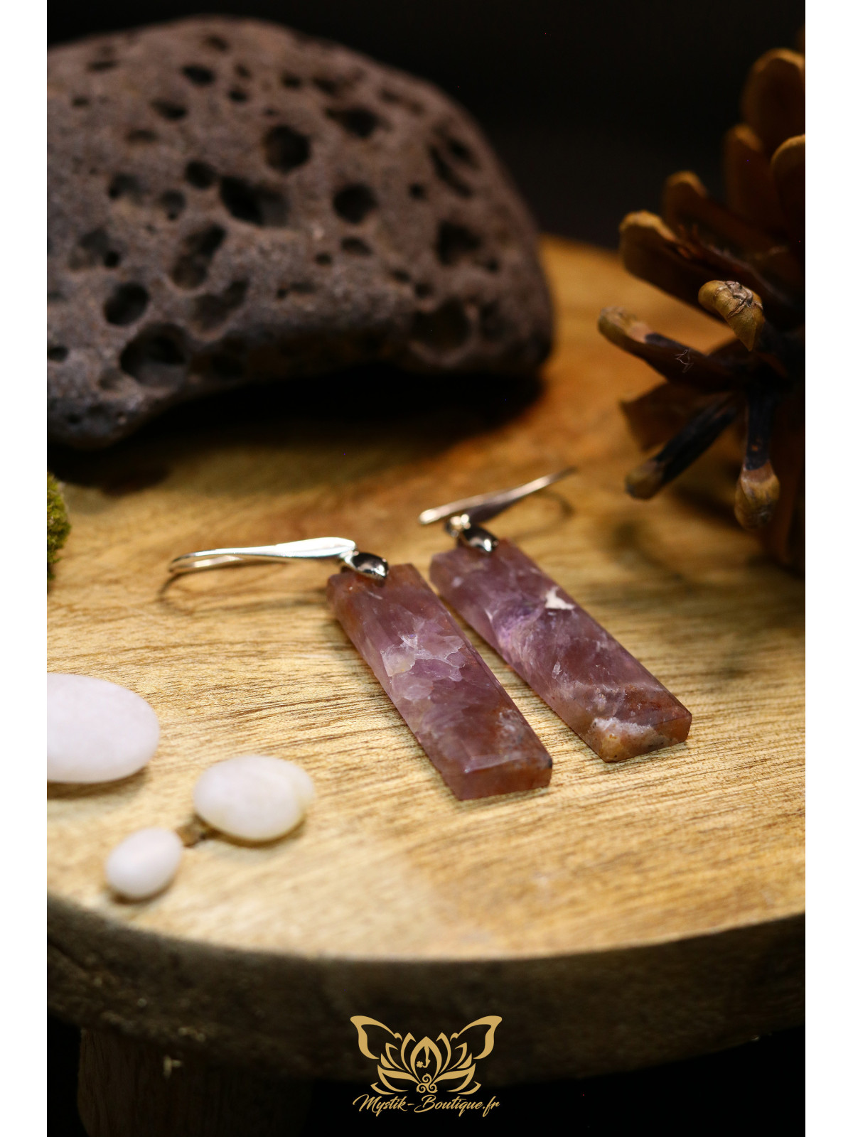 Boucles d'oreilles artisanales en améthyste - Accroches en laiton plaqué platine