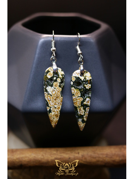 Boucles d'oreilles artisanales en jaspe océan - Accroches en cuivre plaqué argent 925
