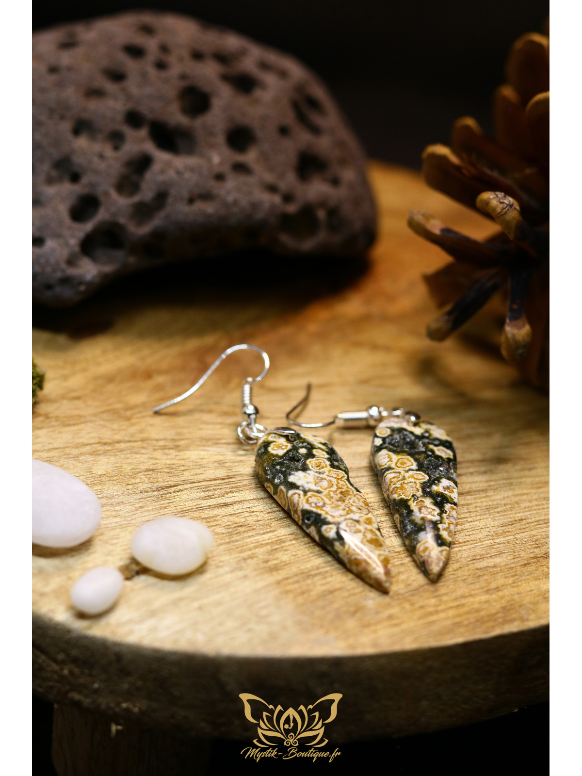 Boucles d'oreilles artisanales en jaspe océan - Accroches en cuivre plaqué argent 925