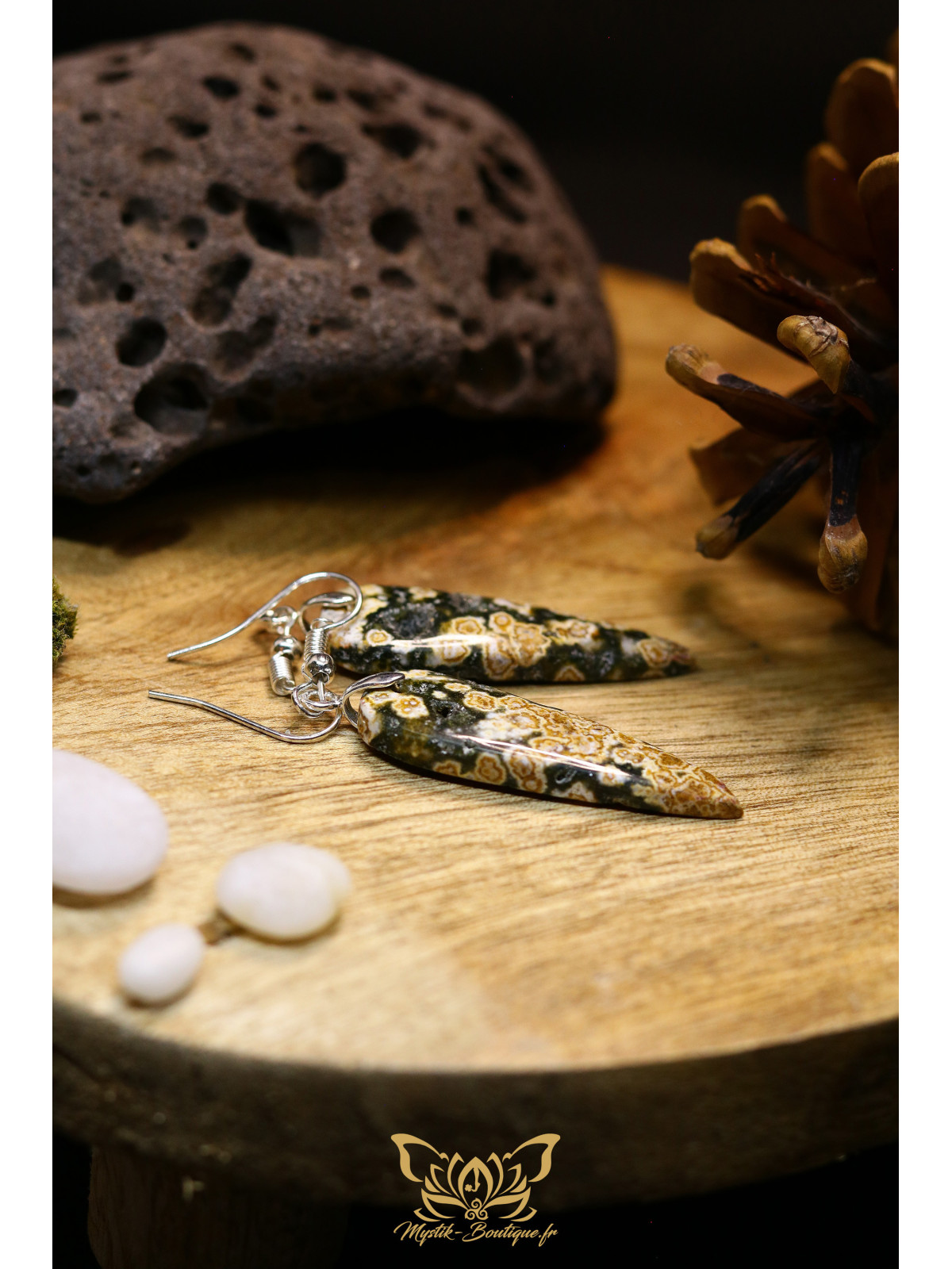 Boucles d'oreilles artisanales en jaspe océan - Accroches en cuivre plaqué argent 925