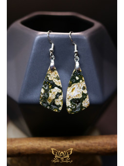 Boucles d'oreilles artisanales en jaspe océan - Accroches en cuivre plaqué argent 925