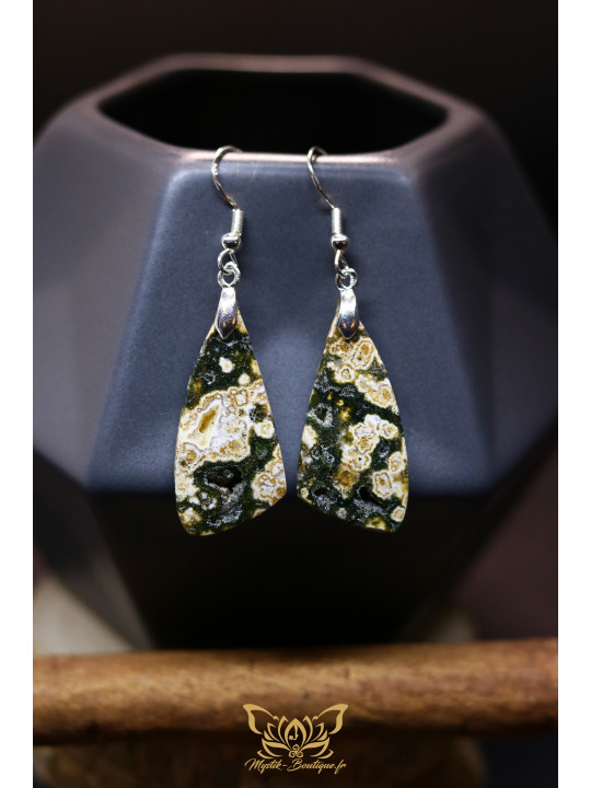 Boucles d'oreilles artisanales en jaspe océan - Accroches en cuivre plaqué argent 925
