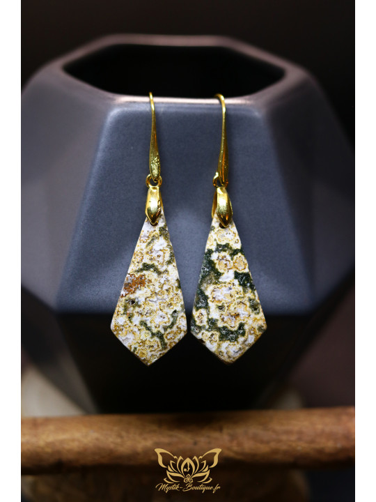 Boucles d'oreilles artisanales en jaspe océan - Accroches en laiton plaqué or 18K