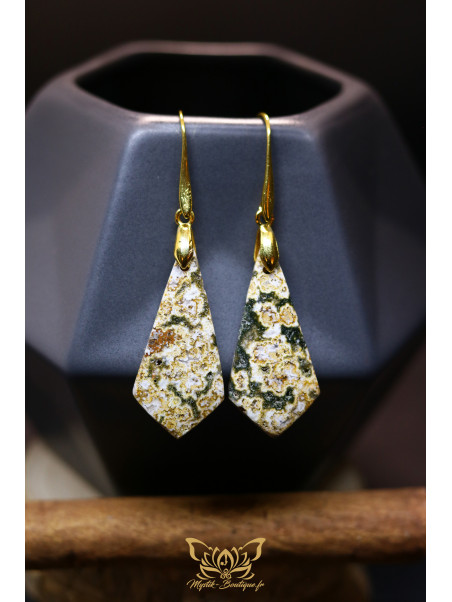 Boucles d'oreilles artisanales en jaspe océan - Accroches en laiton plaqué or 18K