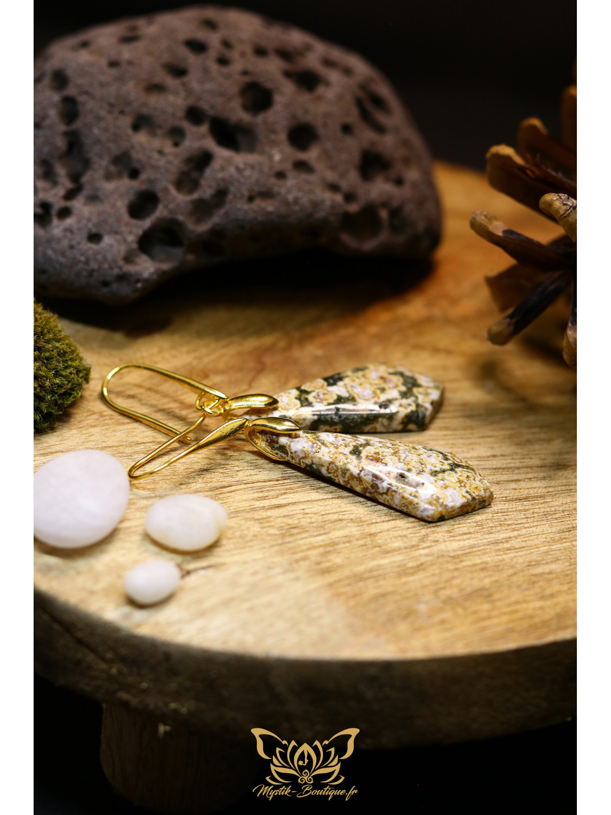 Boucles d'oreilles artisanales en jaspe océan - Accroches en laiton plaqué or 18K