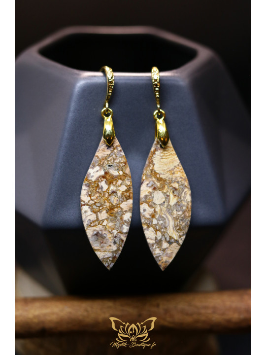 Boucles d'oreilles artisanales en jaspe bréchique - Accroches en laiton plaqué or 18K