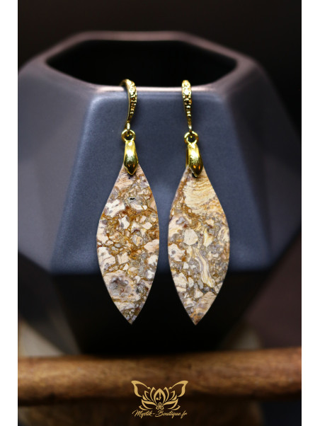 Boucles d'oreilles artisanales en jaspe bréchique - Accroches en laiton plaqué or 18K