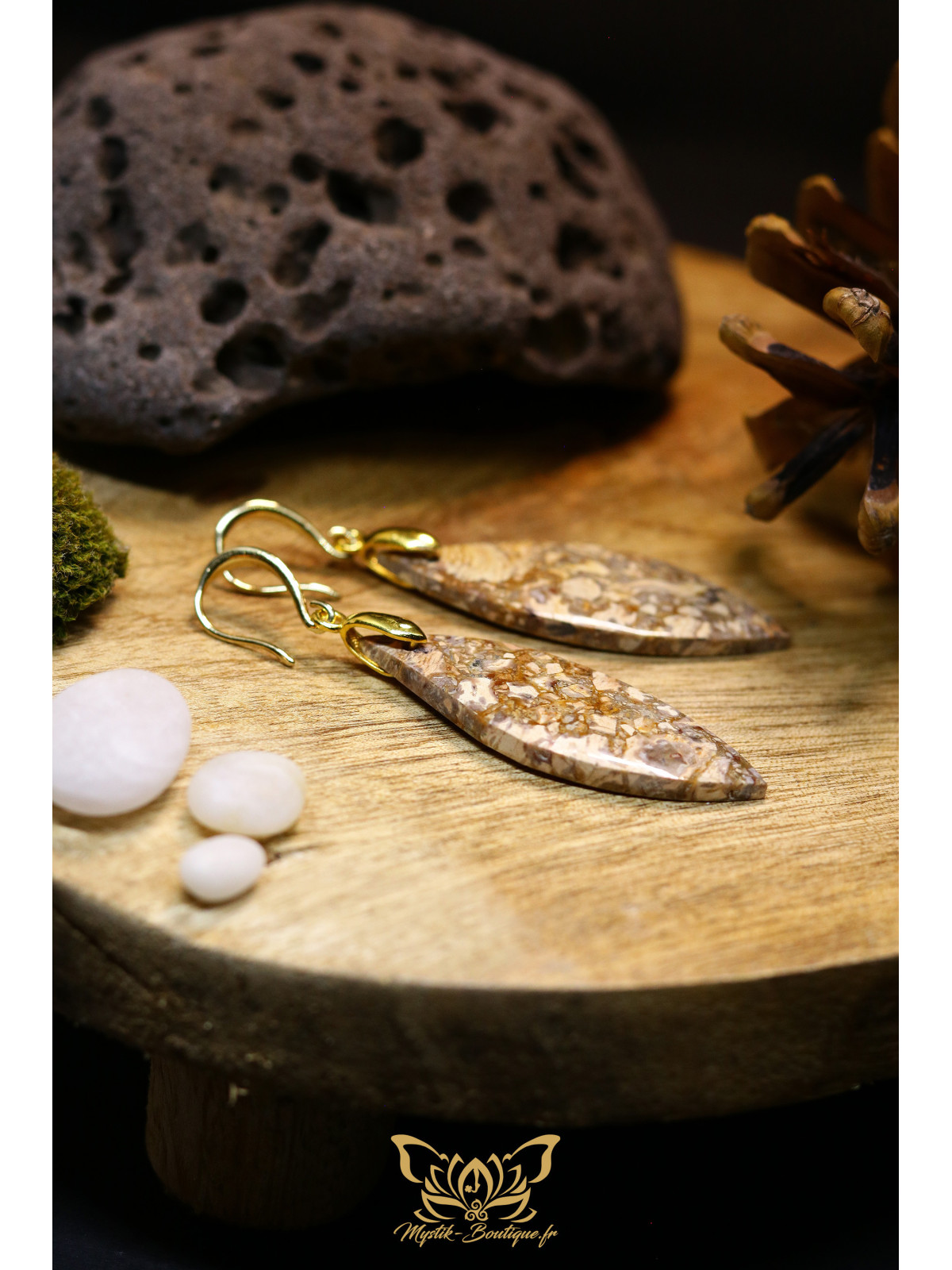 Boucles d'oreilles artisanales en jaspe bréchique - Accroches en laiton plaqué or 18K