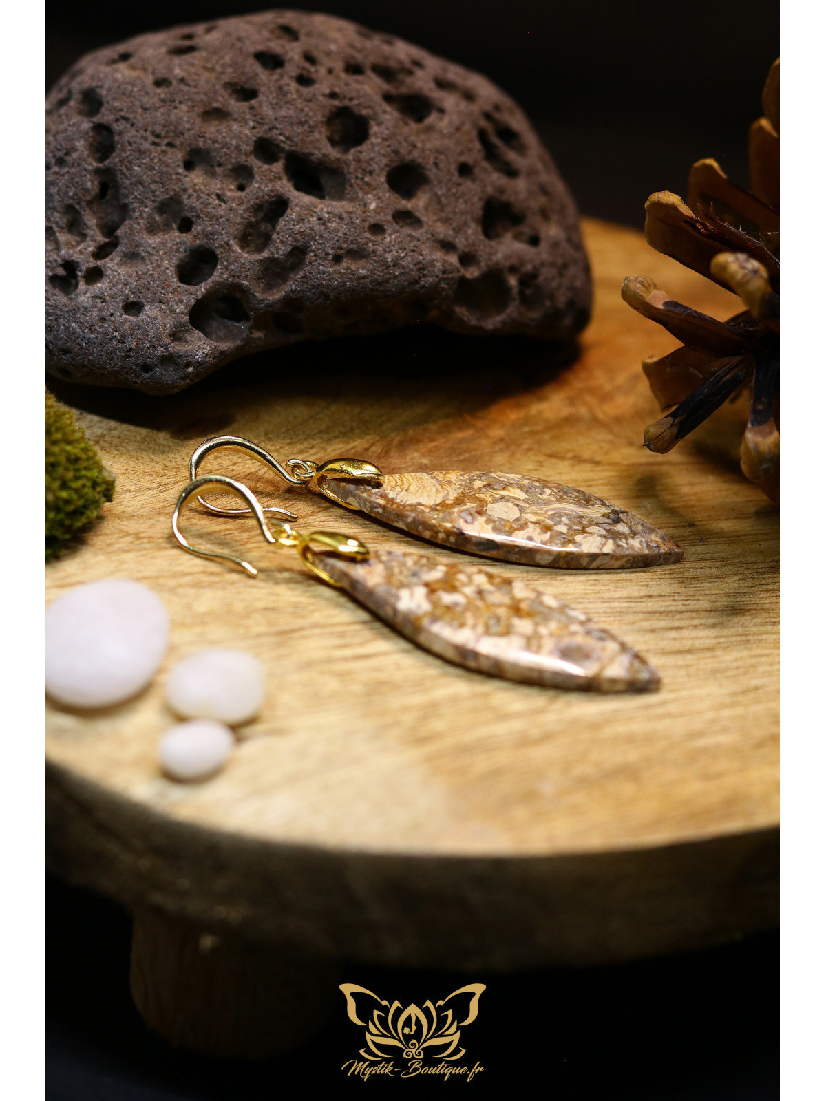 Boucles d'oreilles artisanales en jaspe bréchique - Accroches en laiton plaqué or 18K