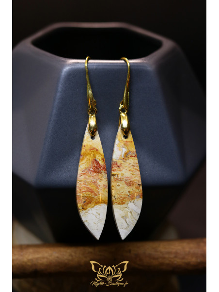 Boucles d'oreilles artisanales en racine de palmier brune fossilisée - Accroches en laiton plaqué or 18K