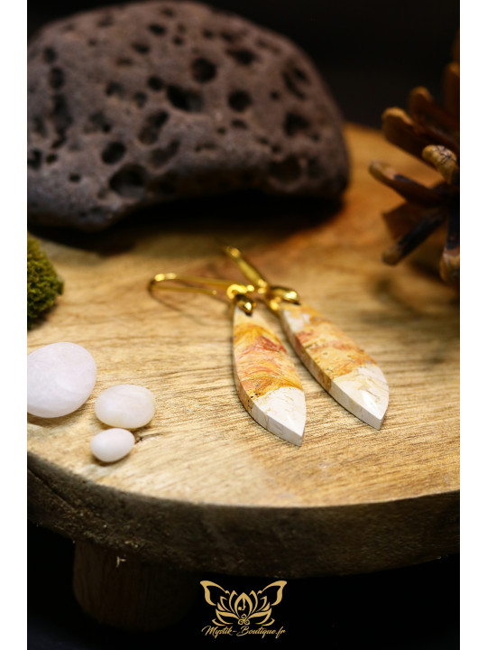 Boucles d'oreilles artisanales en racine de palmier brune fossilisée - Accroches en laiton plaqué or 18K