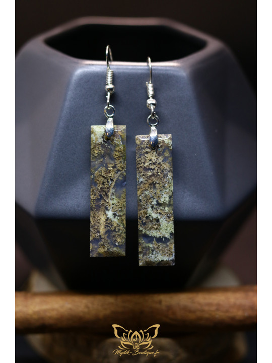 Boucles d'oreilles artisanales en agate mousse - Accroches en cuivre plaqué argent 925