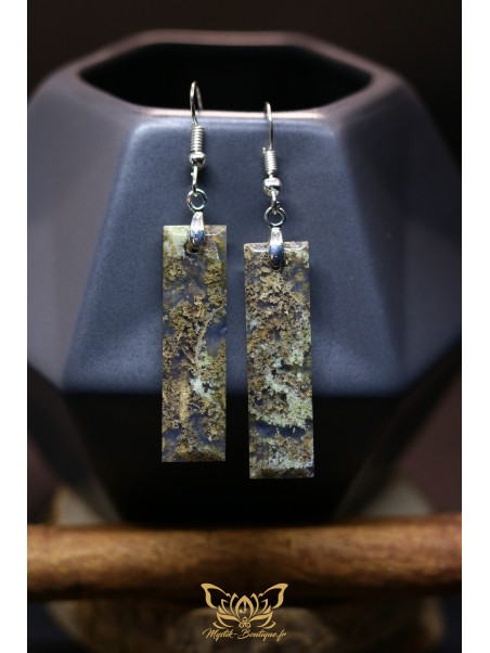Boucles d'oreilles artisanales en agate mousse - Accroches en cuivre plaqué argent 925