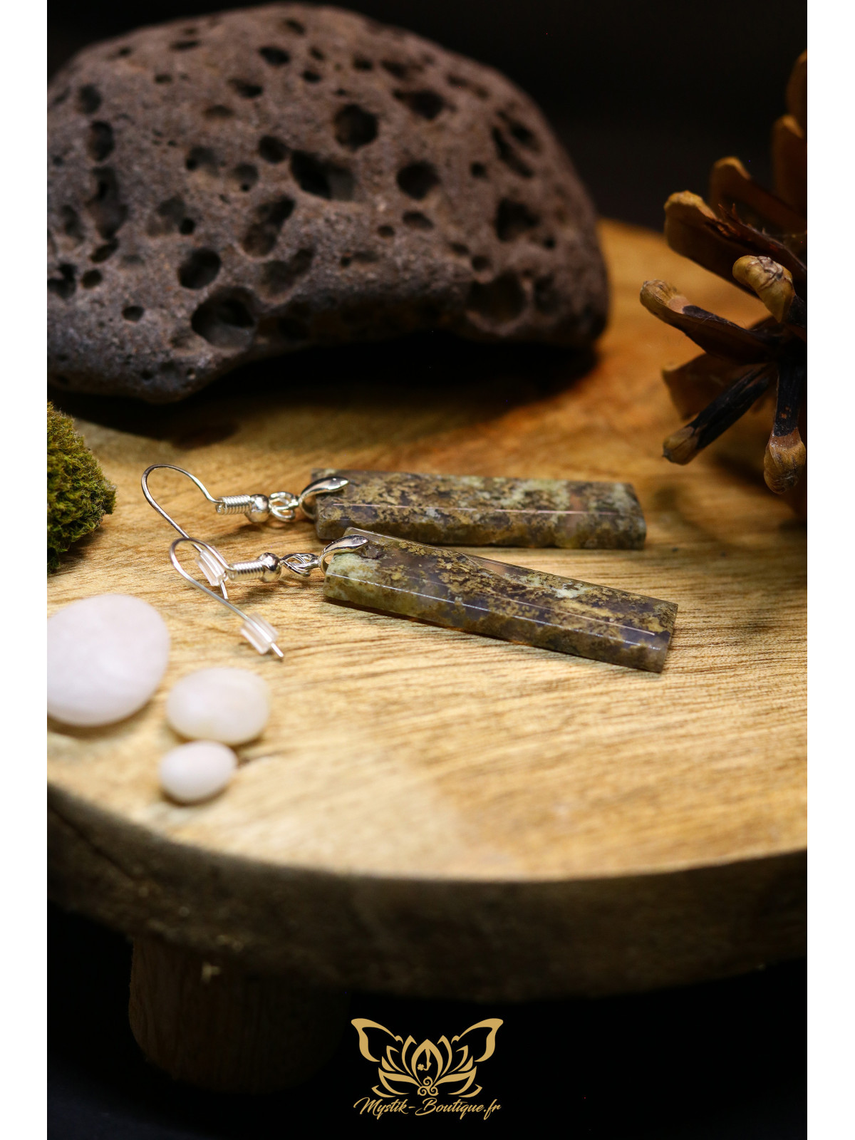 Boucles d'oreilles artisanales en agate mousse - Accroches en cuivre plaqué argent 925