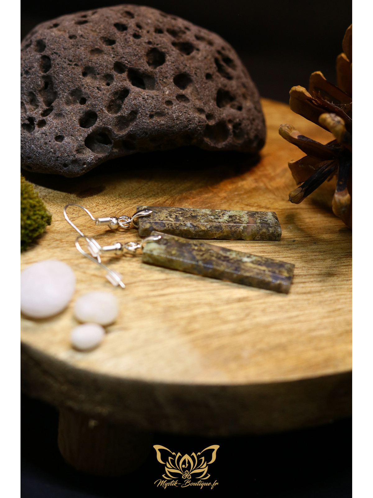 Boucles d'oreilles artisanales en agate mousse - Accroches en cuivre plaqué argent 925