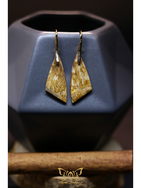 Boucles d'oreilles artisanales en racine de palmier fossilisée - Accroches en laiton plaqué or 14K