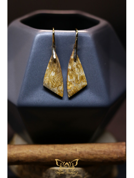 Boucles d'oreilles artisanales en racine de palmier fossilisée - Accroches en laiton plaqué or 14K