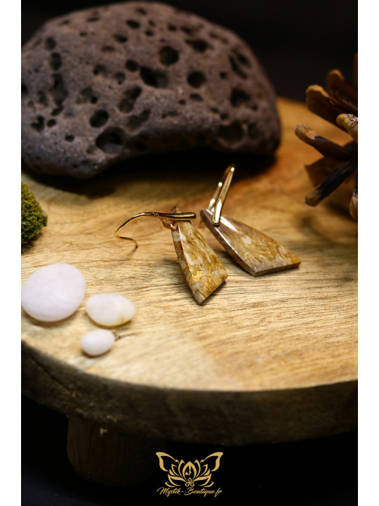 Boucles d'oreilles artisanales en racine de palmier fossilisée - Accroches en laiton plaqué or 14K