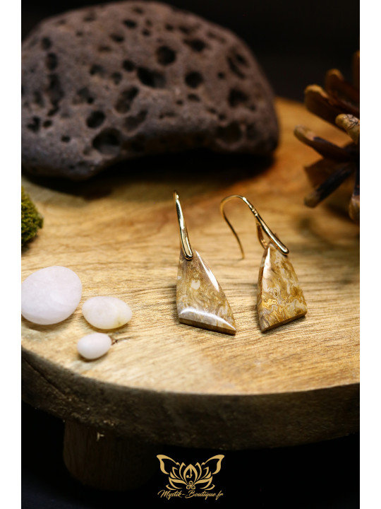 Boucles d'oreilles artisanales en racine de palmier fossilisée - Accroches en laiton plaqué or 14K