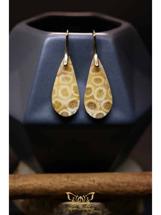 Boucles d'oreilles artisanales en corail fossilisé - Accroches en laiton plaqué or 14K