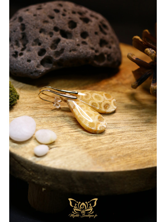 Boucles d'oreilles artisanales en corail fossilisé - Accroches en laiton plaqué or 14K
