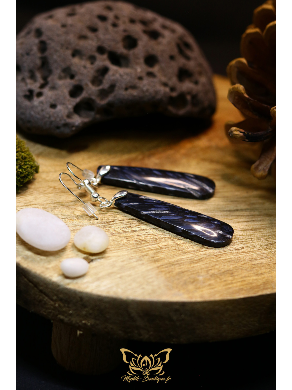 Boucles d'oreilles artisanales en racine de palmier fossilisée - Accroches en cuivre plaqué argent 925