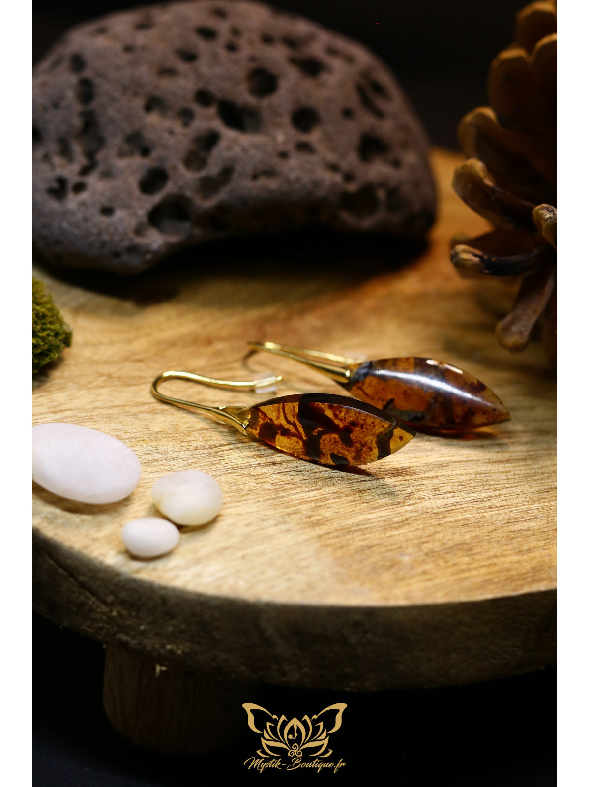 Boucles d'oreilles artisanales en ambre - Accroches en laiton plaqué or 24K