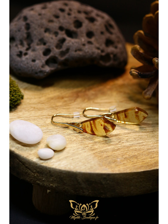 Boucles d'oreilles artisanales en ambre - Accroches en laiton plaqué or 14K
