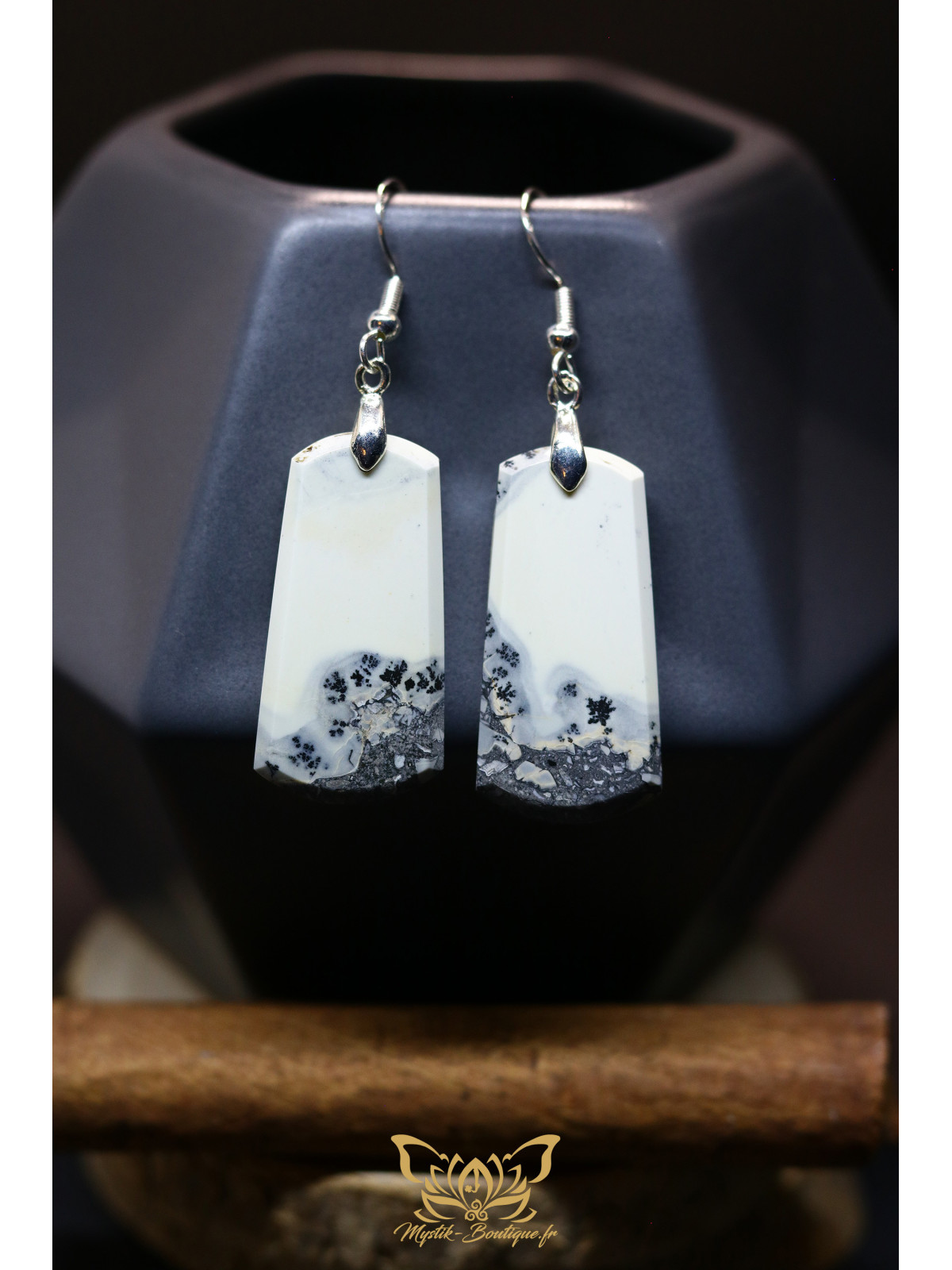 Boucles d'oreilles artisanales en jaspe maligano - Accroches en cuivre plaqué argent 925