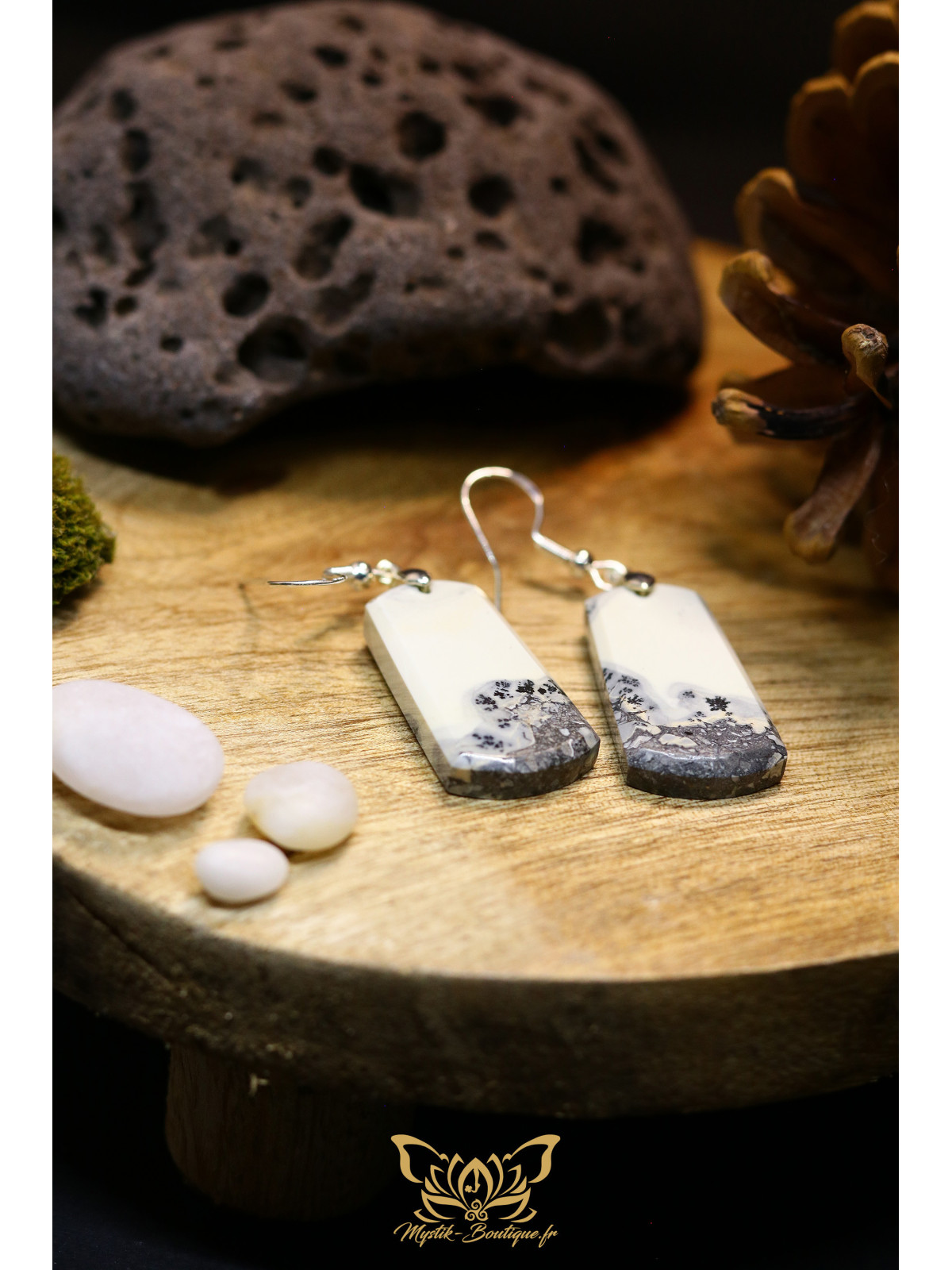 Boucles d'oreilles artisanales en jaspe maligano - Accroches en cuivre plaqué argent 925
