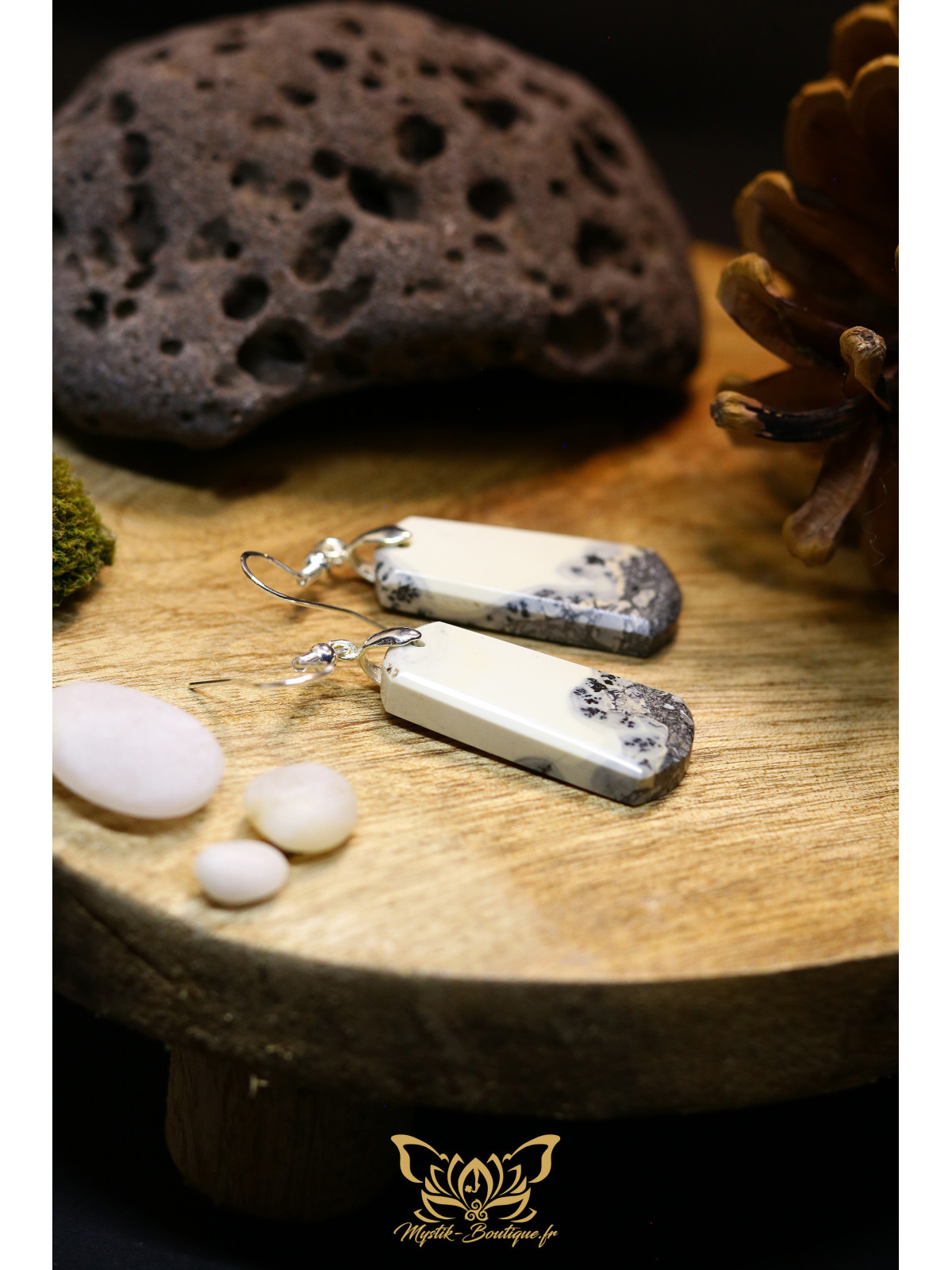 Boucles d'oreilles artisanales en jaspe maligano - Accroches en cuivre plaqué argent 925
