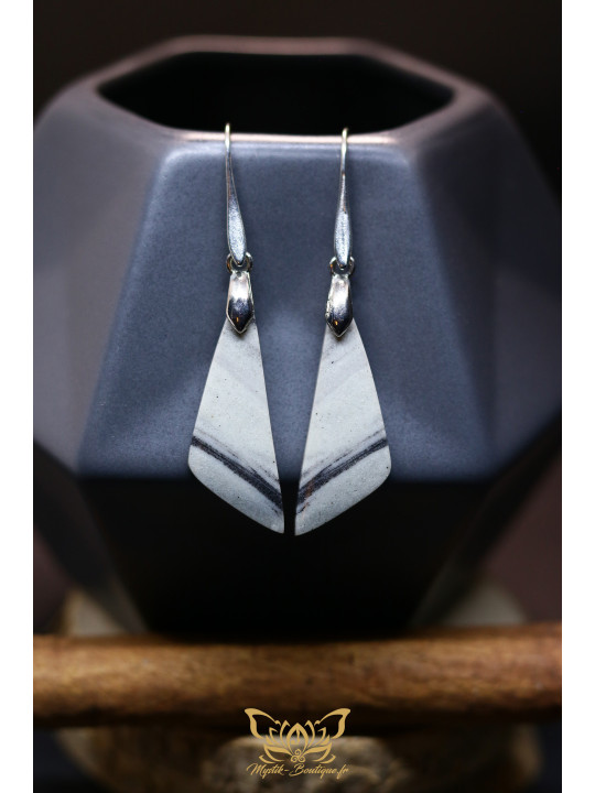 Boucles d'oreilles artisanales en jaspe picasso - Accroches en laiton plaqué platine