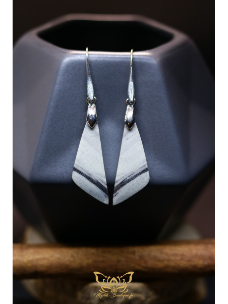 Boucles d'oreilles artisanales en jaspe picasso - Accroches en laiton plaqué platine