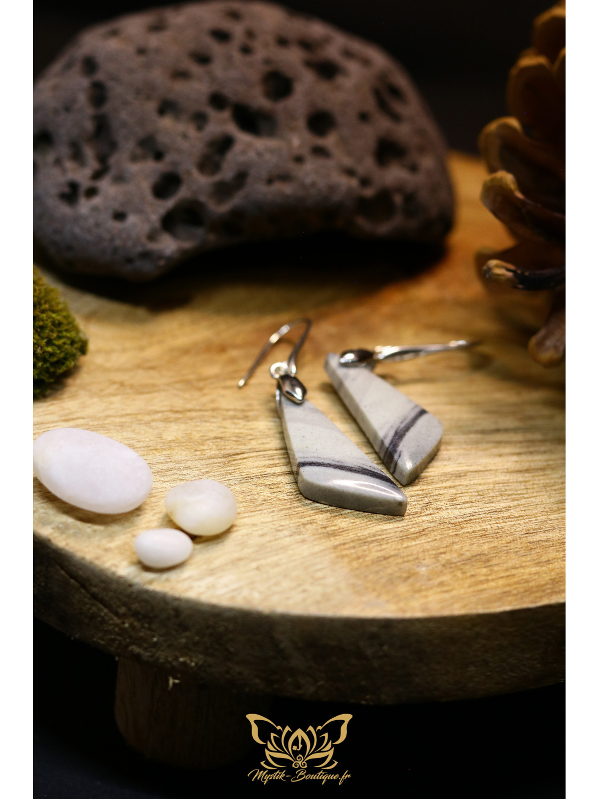 Boucles d'oreilles artisanales en jaspe picasso - Accroches en laiton plaqué platine