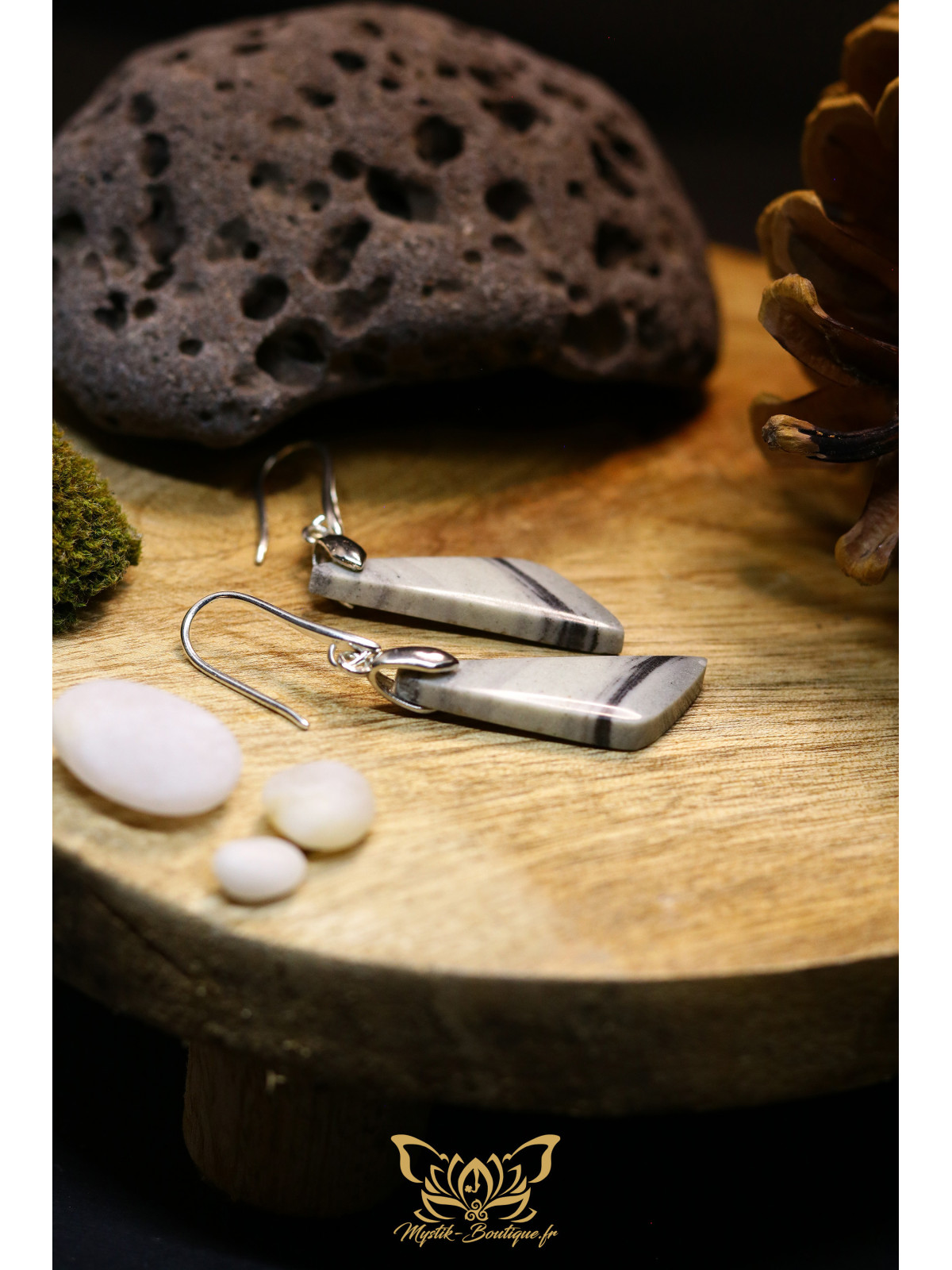 Boucles d'oreilles artisanales en jaspe picasso - Accroches en laiton plaqué platine
