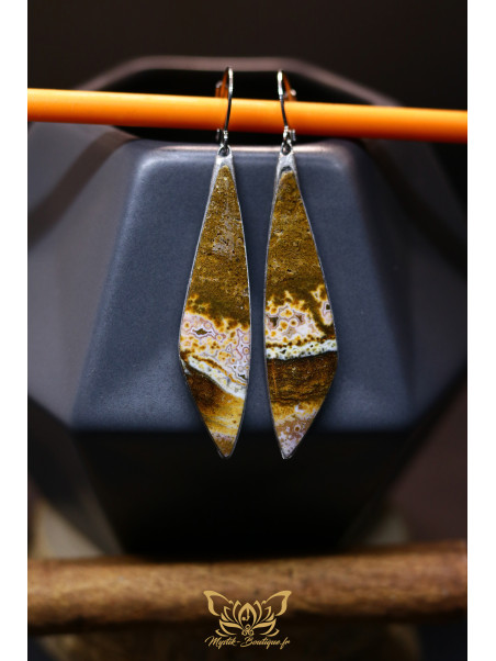 Boucles d'oreilles larmes en jaspe océan - Sertissage et accroches à levier en titane argenté 01