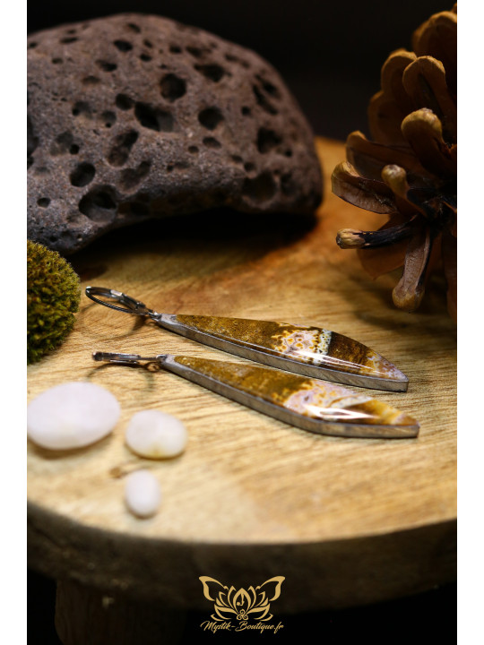 Boucles d'oreilles larmes en jaspe océan - Sertissage et accroches à levier en titane argenté 01