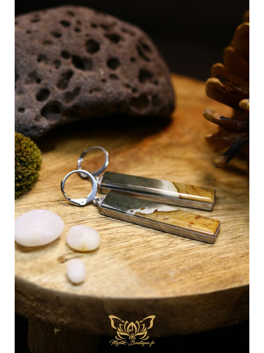 Boucles d'oreilles rectangulaires en jaspe polychrome - Sertissage et accroches en titane 02