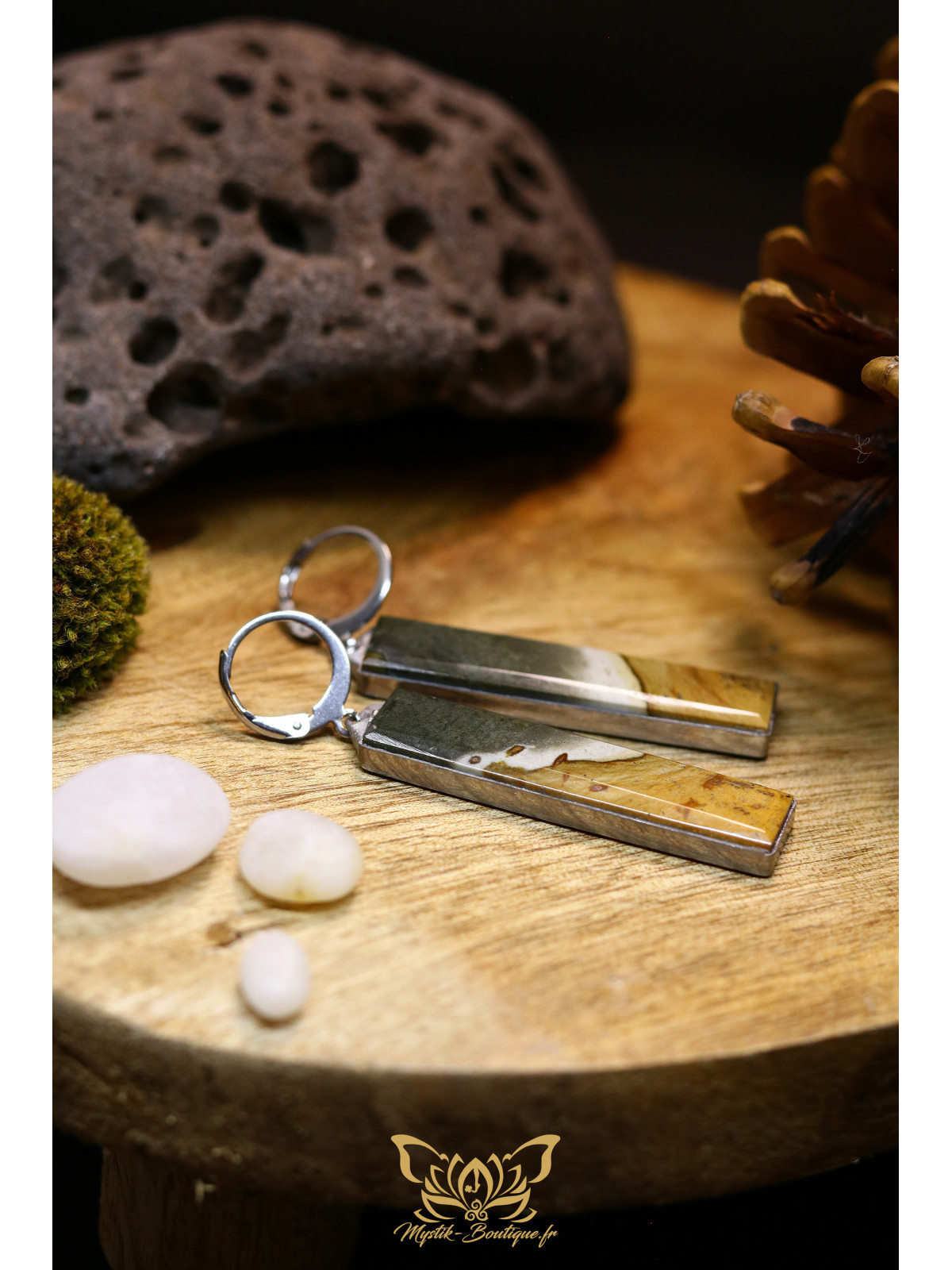 Boucles d'oreilles rectangulaires en jaspe polychrome - Sertissage et accroches en titane 02