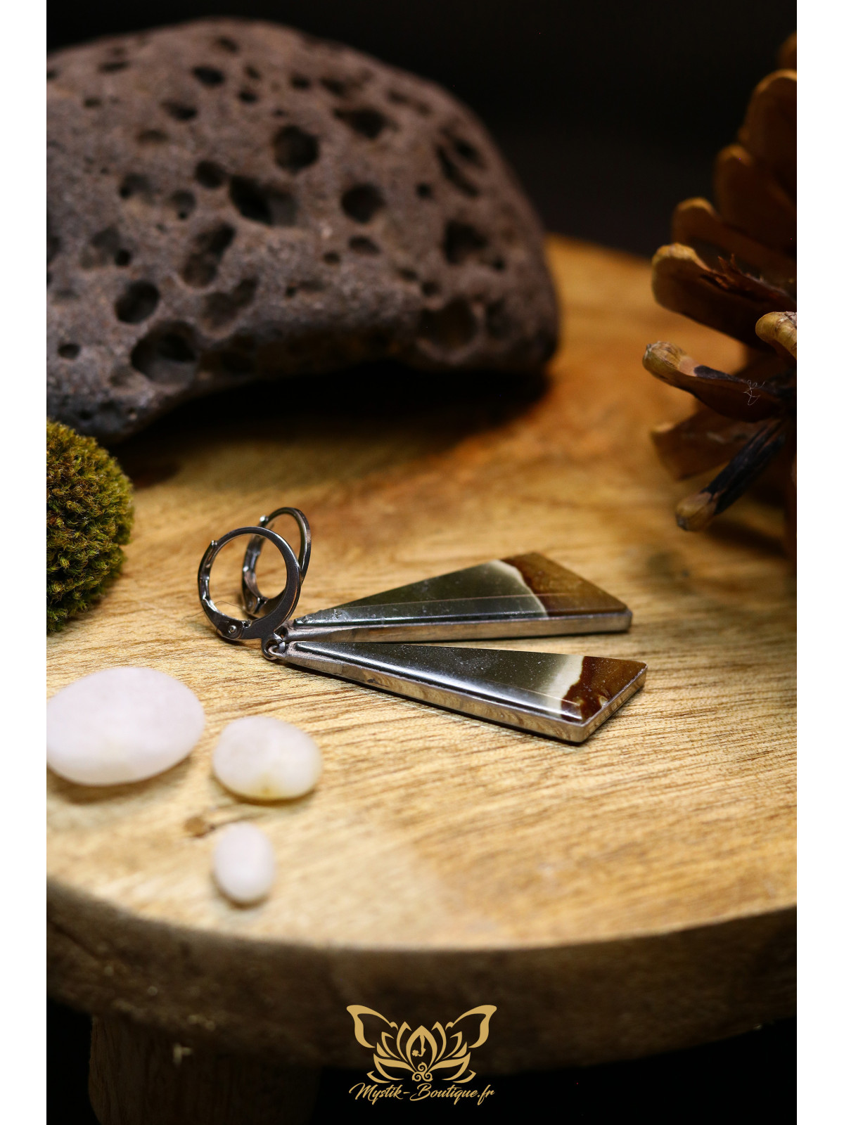 Boucles d'oreilles triangulaires en jaspe polychrome - Sertissage et accroches en titane 03