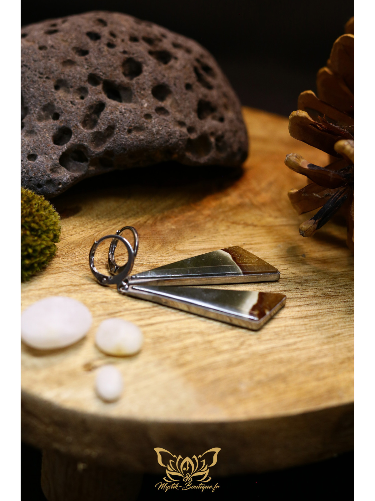 Boucles d'oreilles triangulaires en jaspe polychrome - Sertissage et accroches en titane 03