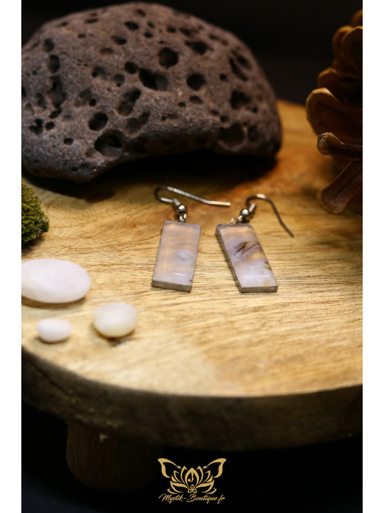 Boucles d'oreilles gouttes en agate panache violette - Sertissage et accroches en titane 05