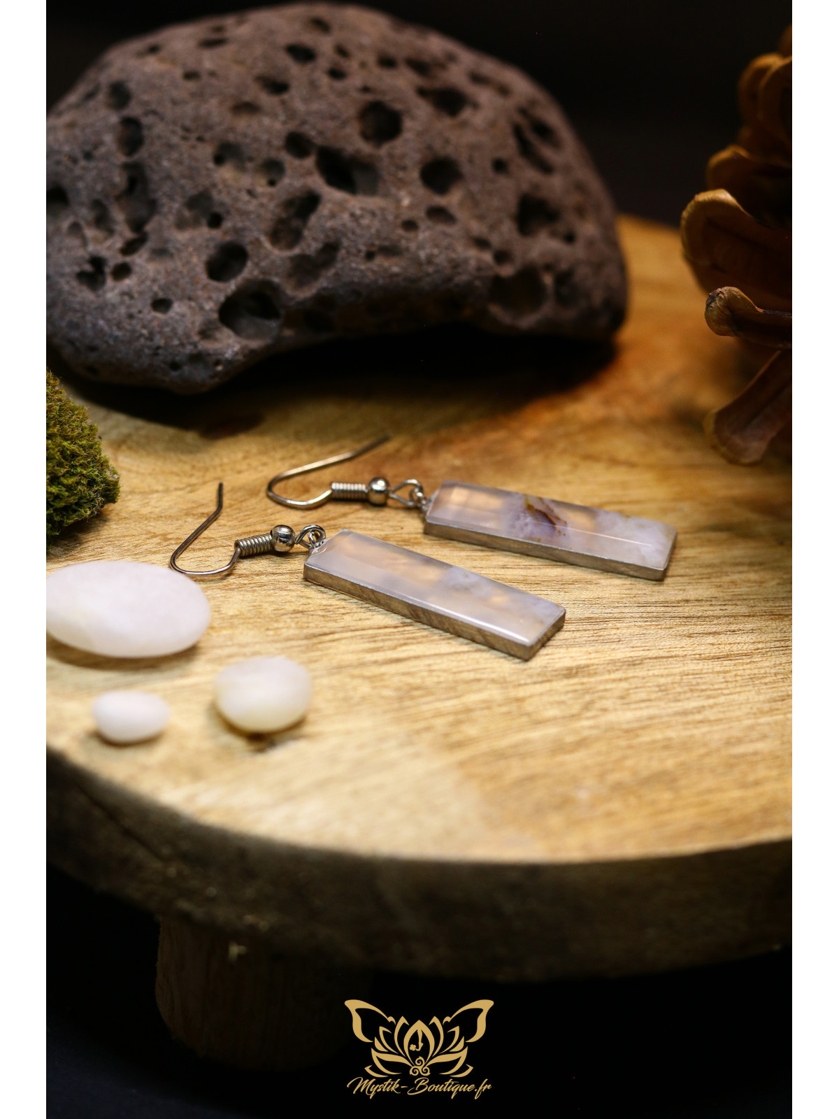 Boucles d'oreilles gouttes en agate panache violette - Sertissage et accroches en titane 05
