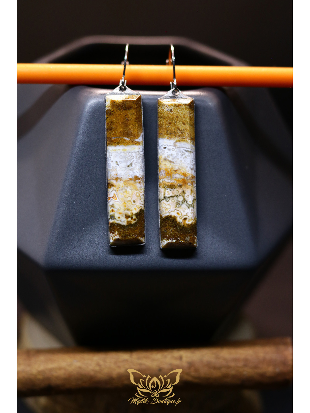 Boucles d'oreilles rectangulaires en jaspe océan - Sertissage et accroches en titane 07